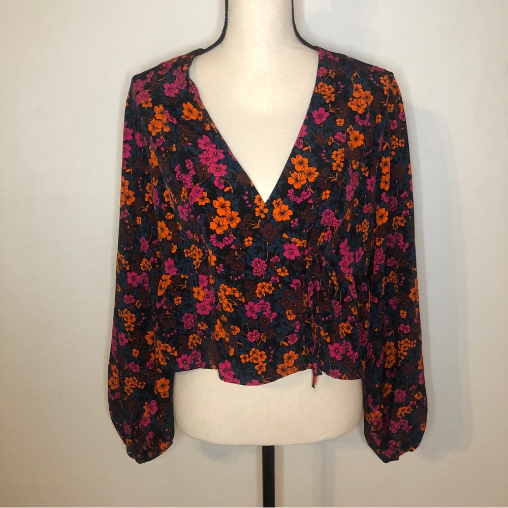Topshop Women's Blouse Tops Wrap Floral Long Sleeve Ladies Top Black/Pink Size 8